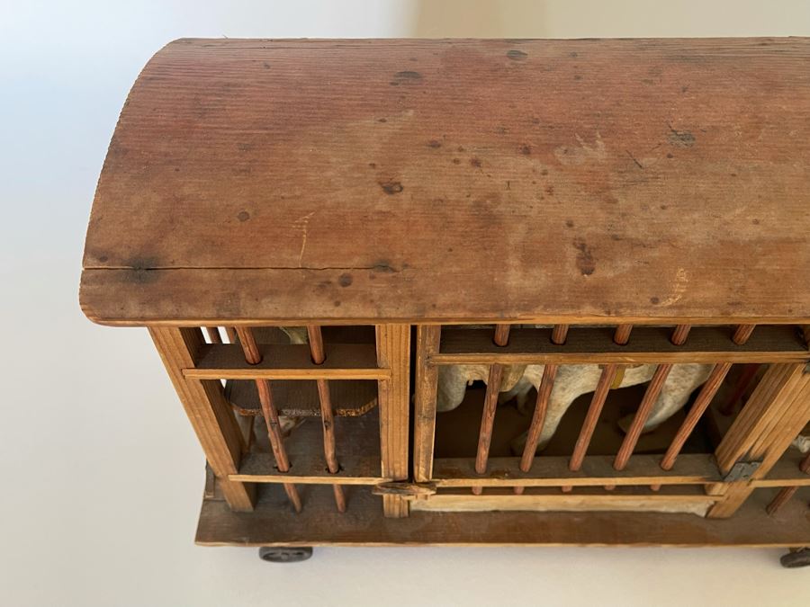 Antique German Wooden Circus Cage With Papier Mache Animals Spring Loaded Main Gate With Swinging Elephant Plus Tigers, Lion And Polar Bear (Some Of Animals Are Missing Limbs) 13.5W X 6D X 9H  [Photo 18]