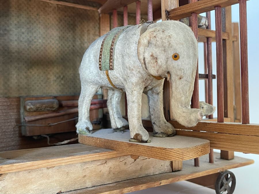 Antique German Wooden Circus Cage With Papier Mache Animals Spring Loaded Main Gate With Swinging Elephant Plus Tigers, Lion And Polar Bear (Some Of Animals Are Missing Limbs) 13.5W X 6D X 9H  [Photo 9]