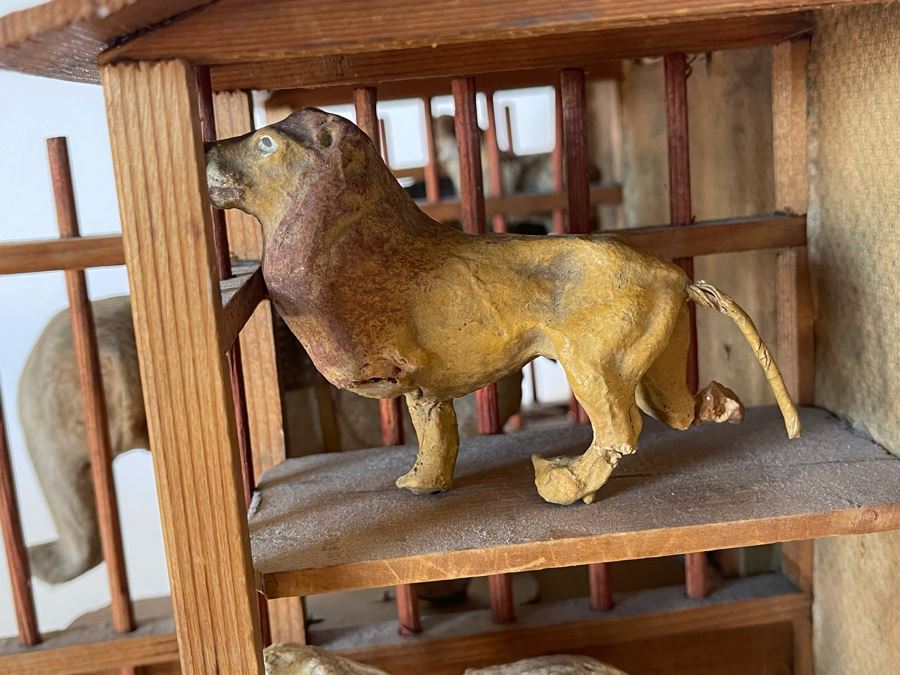 Antique German Wooden Circus Cage With Papier Mache Animals Spring Loaded Main Gate With Swinging Elephant Plus Tigers, Lion And Polar Bear (Some Of Animals Are Missing Limbs) 13.5W X 6D X 9H  [Photo 14]