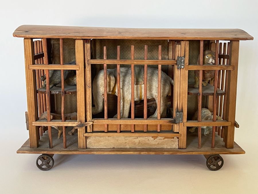 Antique German Wooden Circus Cage With Papier Mache Animals Spring Loaded Main Gate With Swinging Elephant Plus Tigers, Lion And Polar Bear (Some Of Animals Are Missing Limbs) 13.5W X 6D X 9H  [Photo 2]