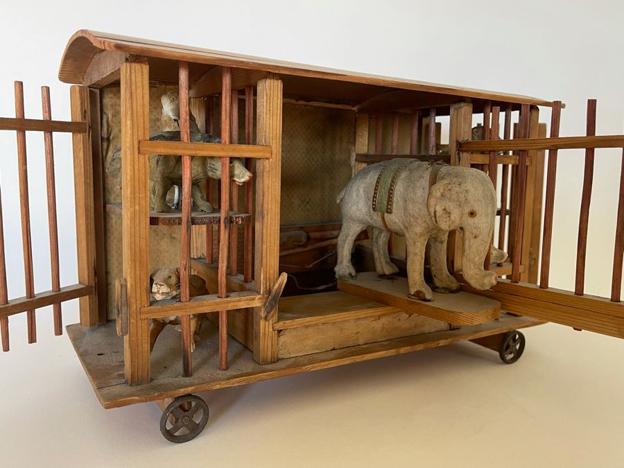 Antique German Wooden Circus Cage With Papier Mache Animals Spring Loaded Main Gate With Swinging Elephant Plus Tigers, Lion And Polar Bear (Some Of Animals Are Missing Limbs) 13.5W X 6D X 9H  [Photo 5]