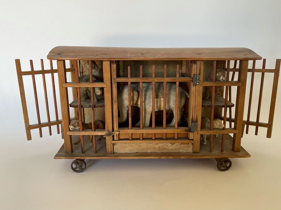 Antique German Wooden Circus Cage With Papier Mache Animals Spring Loaded Main Gate With Swinging Elephant Plus Tigers, Lion And Polar Bear (Some Of Animals Are Missing Limbs) 13.5W X 6D X 9H  [Photo 4]