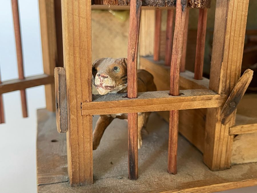 Antique German Wooden Circus Cage With Papier Mache Animals Spring Loaded Main Gate With Swinging Elephant Plus Tigers, Lion And Polar Bear (Some Of Animals Are Missing Limbs) 13.5W X 6D X 9H  [Photo 10]