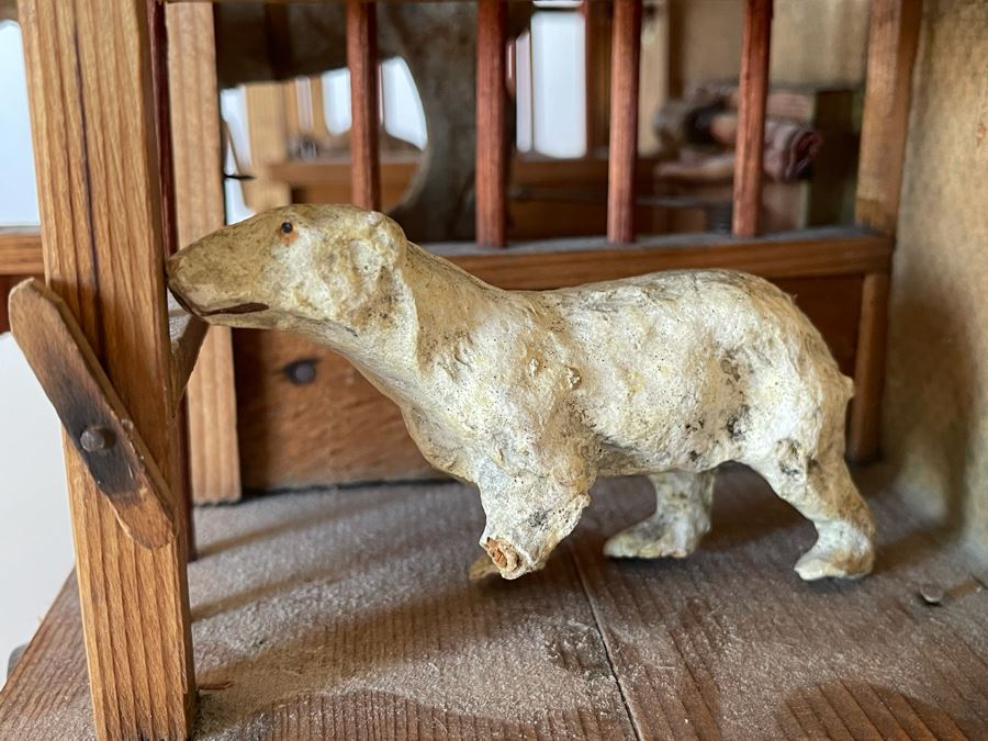 Antique German Wooden Circus Cage With Papier Mache Animals Spring Loaded Main Gate With Swinging Elephant Plus Tigers, Lion And Polar Bear (Some Of Animals Are Missing Limbs) 13.5W X 6D X 9H  [Photo 15]