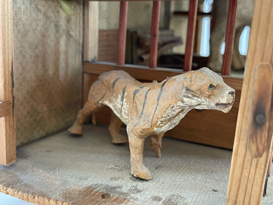 Antique German Wooden Circus Cage With Papier Mache Animals Spring Loaded Main Gate With Swinging Elephant Plus Tigers, Lion And Polar Bear (Some Of Animals Are Missing Limbs) 13.5W X 6D X 9H  [Photo 12]