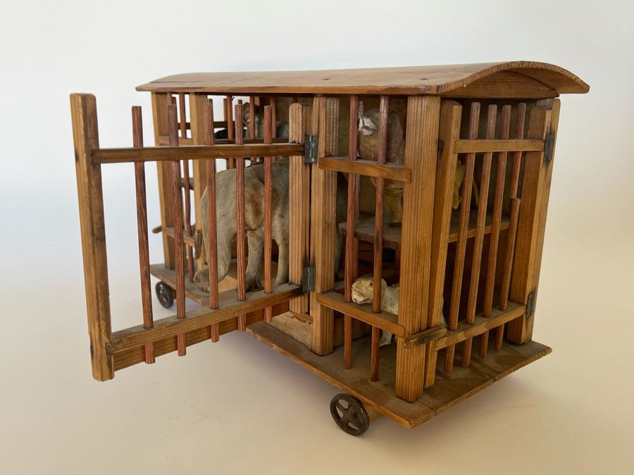 Antique German Wooden Circus Cage With Papier Mache Animals Spring Loaded Main Gate With Swinging Elephant Plus Tigers, Lion And Polar Bear (Some Of Animals Are Missing Limbs) 13.5W X 6D X 9H  [Photo 17]