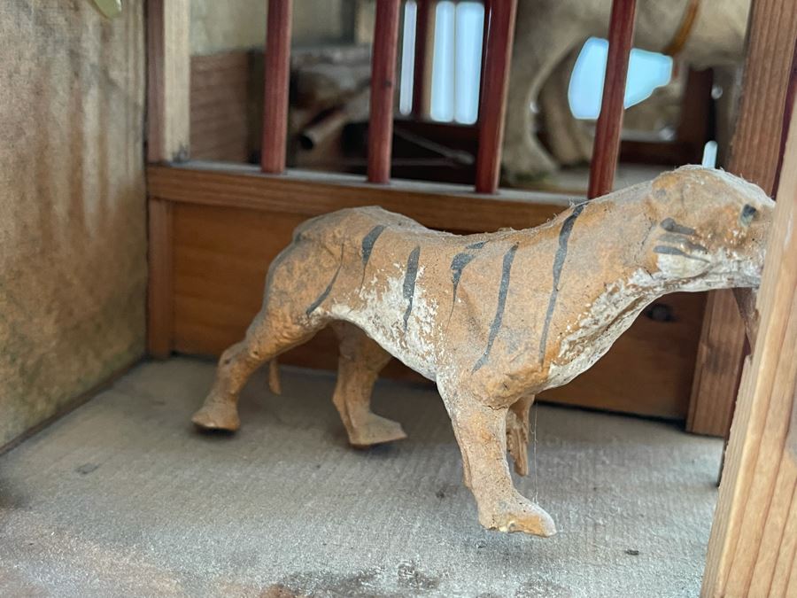 Antique German Wooden Circus Cage With Papier Mache Animals Spring Loaded Main Gate With Swinging Elephant Plus Tigers, Lion And Polar Bear (Some Of Animals Are Missing Limbs) 13.5W X 6D X 9H  [Photo 11]