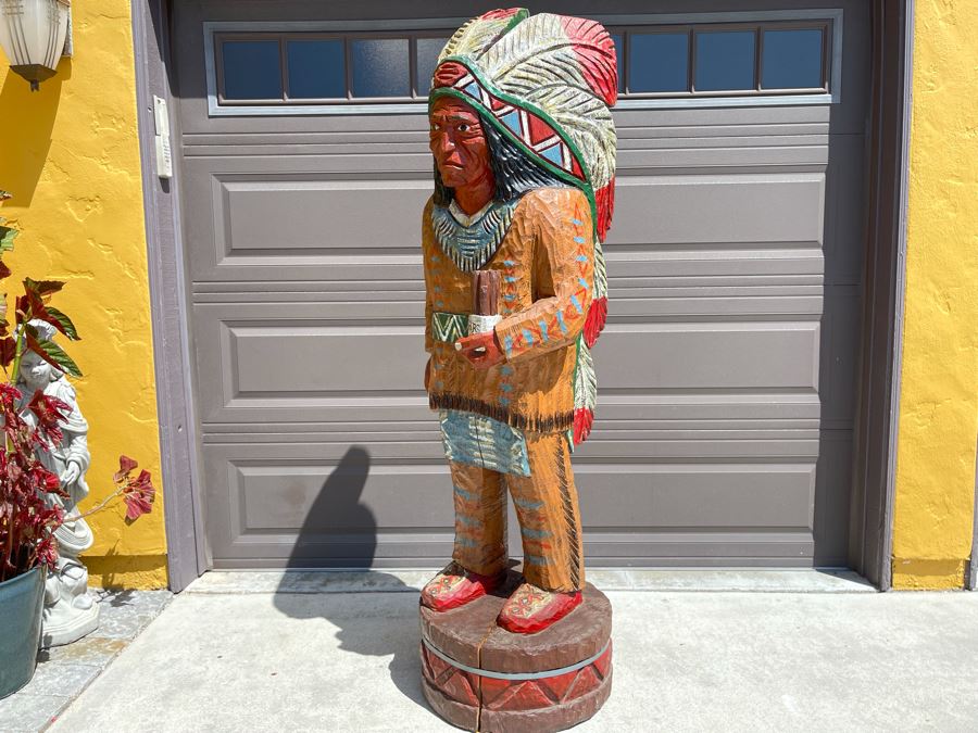 Life-size 6' Tall Carved Wooden Cigar Store Native American Indian Chief Sculpture 21W X 18D X 72H [Photo 12]