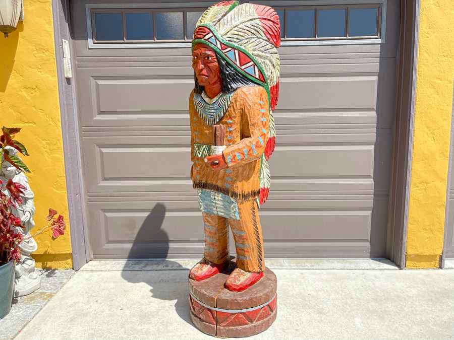 Life-size 6' Tall Carved Wooden Cigar Store Native American Indian Chief Sculpture 21W X 18D X 72H