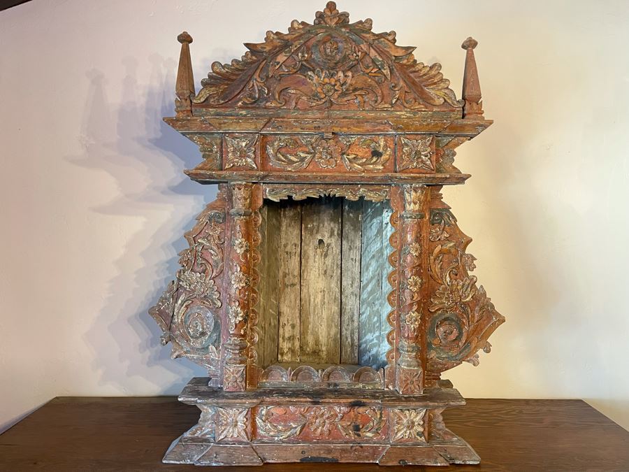 Antique Mexican Carved Painted Wooden Santos Niche Church Altar Shrine Shabby Chic 34W X 13D X 39H [Photo 4]