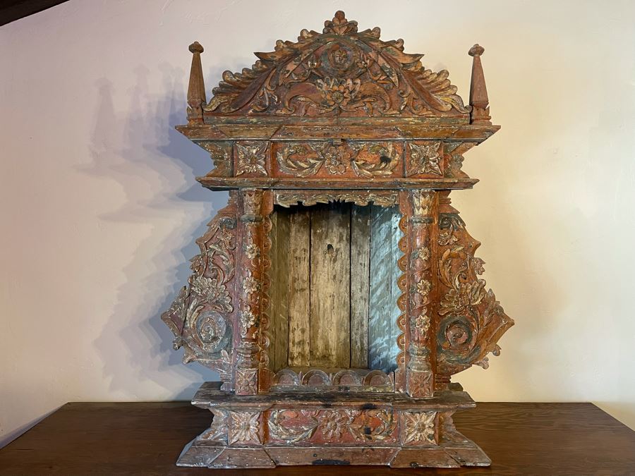 Antique Mexican Carved Painted Wooden Santos Niche Church Altar Shrine Shabby Chic 34W X 13D X 39H [Photo 3]