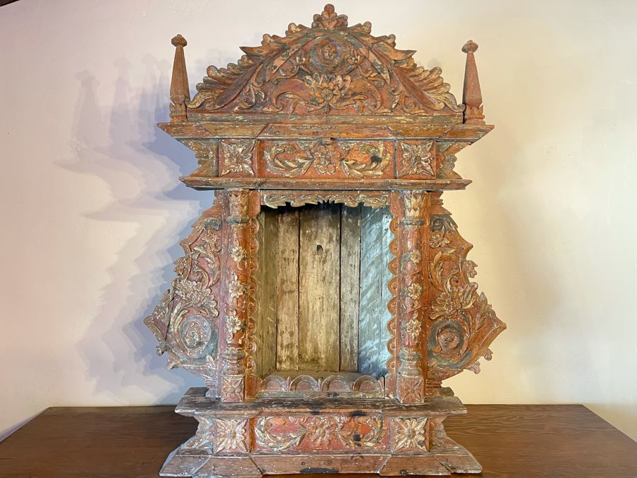 Antique Mexican Carved Painted Wooden Santos Niche Church Altar Shrine Shabby Chic 34W X 13D X 39H [Photo 6]