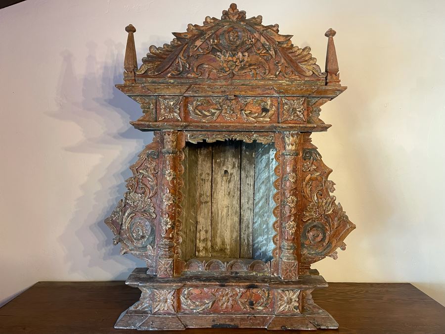 Antique Mexican Carved Painted Wooden Santos Niche Church Altar Shrine Shabby Chic 34W X 13D X 39H [Photo 5]