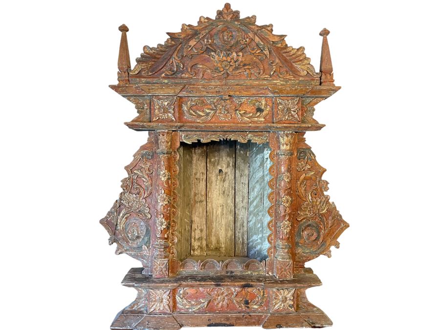 Antique Mexican Carved Painted Wooden Santos Niche Church Altar Shrine Shabby Chic 34W X 13D X 39H