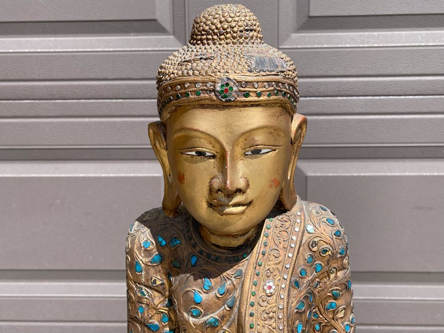 4' Tall Vintage Burmese Thai Gilt Wooden Standing Buddha With Jeweled Glass Mosaics 19W X 8D X 48H [Photo 7]