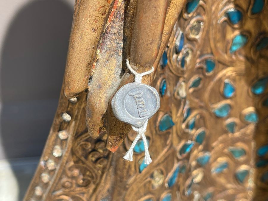 4' Tall Vintage Burmese Thai Gilt Wooden Standing Buddha With Jeweled Glass Mosaics 19W X 8D X 48H [Photo 14]