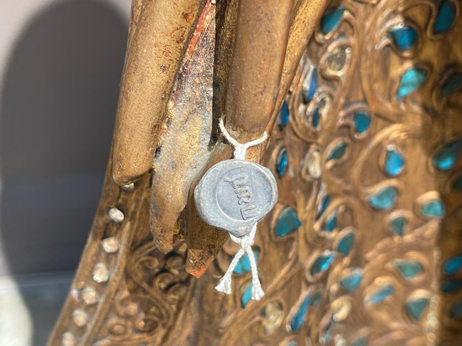 4' Tall Vintage Burmese Thai Gilt Wooden Standing Buddha With Jeweled Glass Mosaics 19W X 8D X 48H [Photo 13]