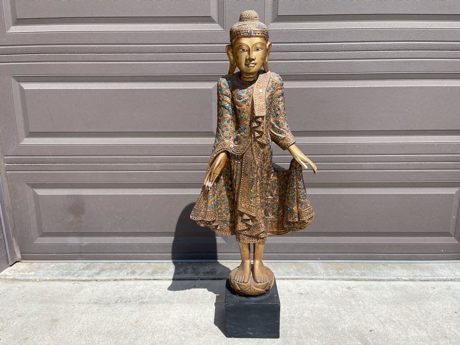 4' Tall Vintage Burmese Thai Gilt Wooden Standing Buddha With Jeweled Glass Mosaics 19W X 8D X 48H [Photo 4]