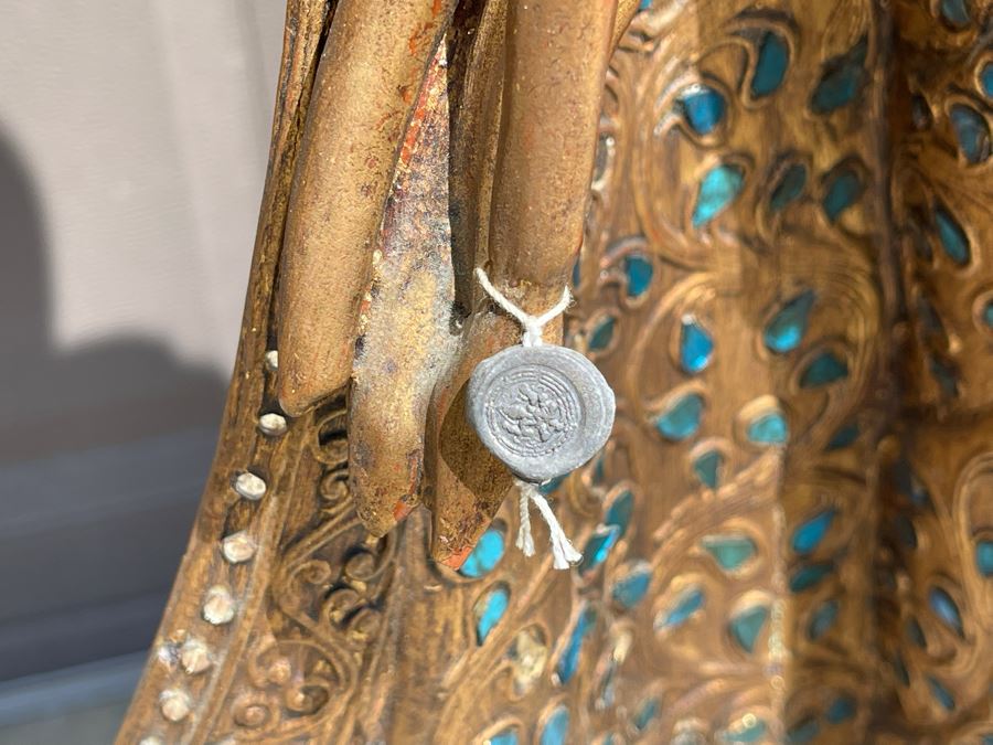 4' Tall Vintage Burmese Thai Gilt Wooden Standing Buddha With Jeweled Glass Mosaics 19W X 8D X 48H [Photo 12]