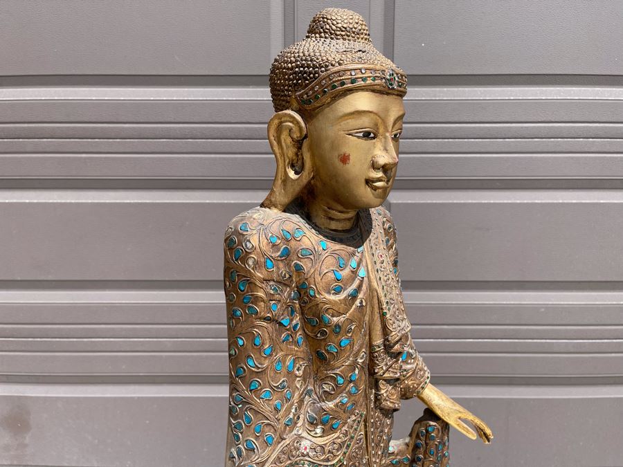 4' Tall Vintage Burmese Thai Gilt Wooden Standing Buddha With Jeweled Glass Mosaics 19W X 8D X 48H [Photo 24]