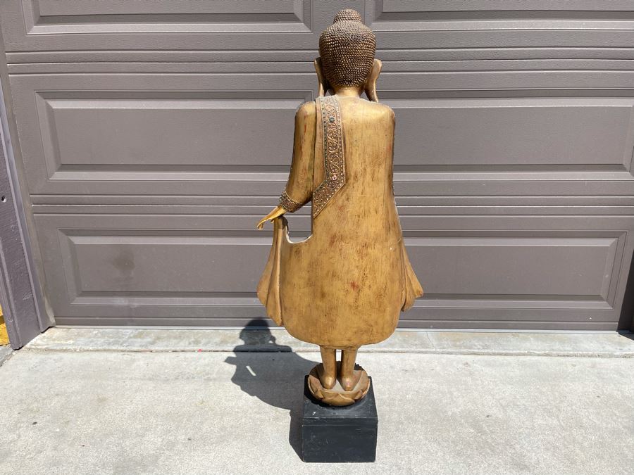 4' Tall Vintage Burmese Thai Gilt Wooden Standing Buddha With Jeweled Glass Mosaics 19W X 8D X 48H [Photo 20]