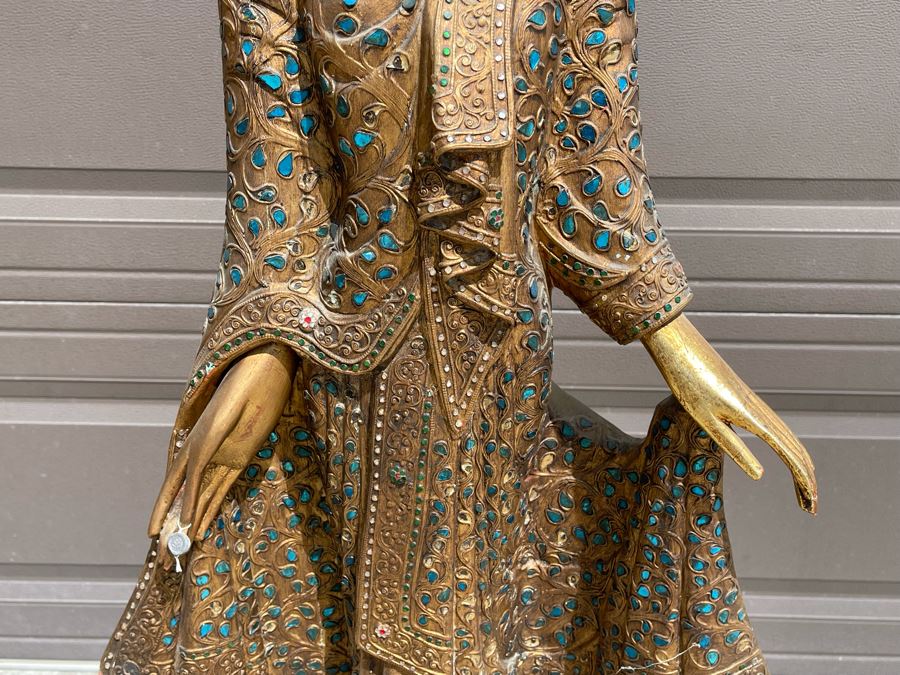 4' Tall Vintage Burmese Thai Gilt Wooden Standing Buddha With Jeweled Glass Mosaics 19W X 8D X 48H [Photo 9]