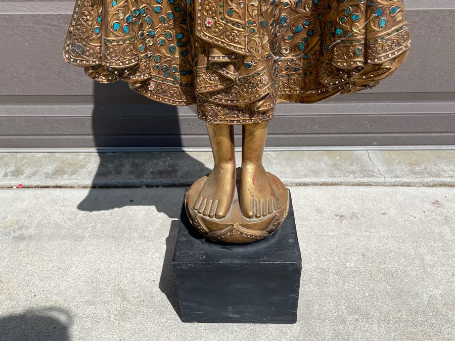 4' Tall Vintage Burmese Thai Gilt Wooden Standing Buddha With Jeweled Glass Mosaics 19W X 8D X 48H [Photo 11]