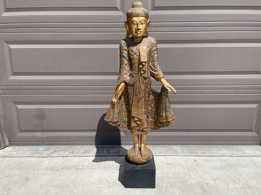 4' Tall Vintage Burmese Thai Gilt Wooden Standing Buddha With Jeweled Glass Mosaics 19W X 8D X 48H [Photo 2]