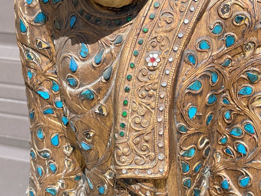 4' Tall Vintage Burmese Thai Gilt Wooden Standing Buddha With Jeweled Glass Mosaics 19W X 8D X 48H [Photo 15]