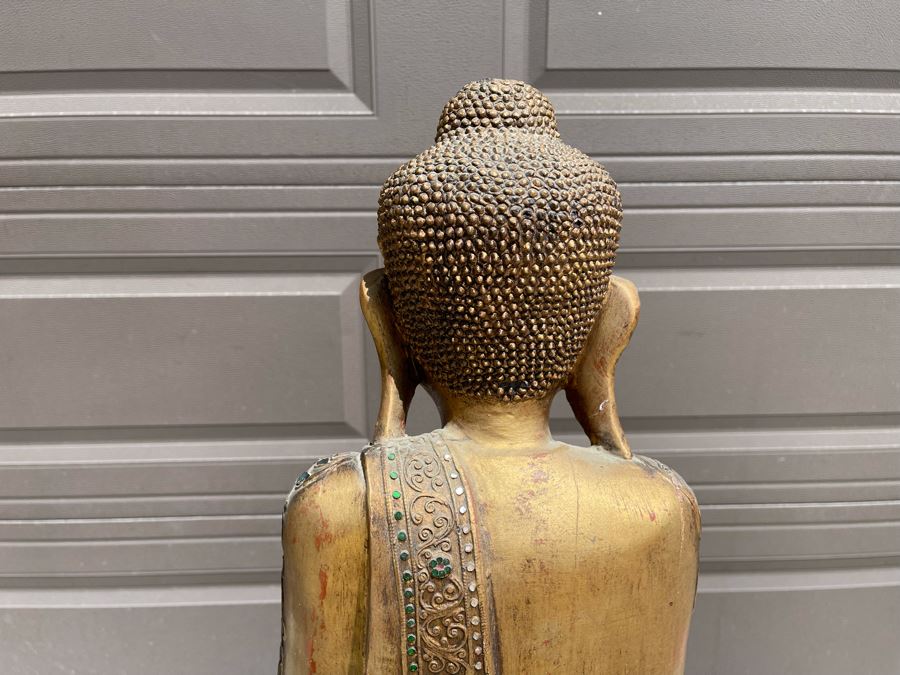 4' Tall Vintage Burmese Thai Gilt Wooden Standing Buddha With Jeweled Glass Mosaics 19W X 8D X 48H [Photo 22]