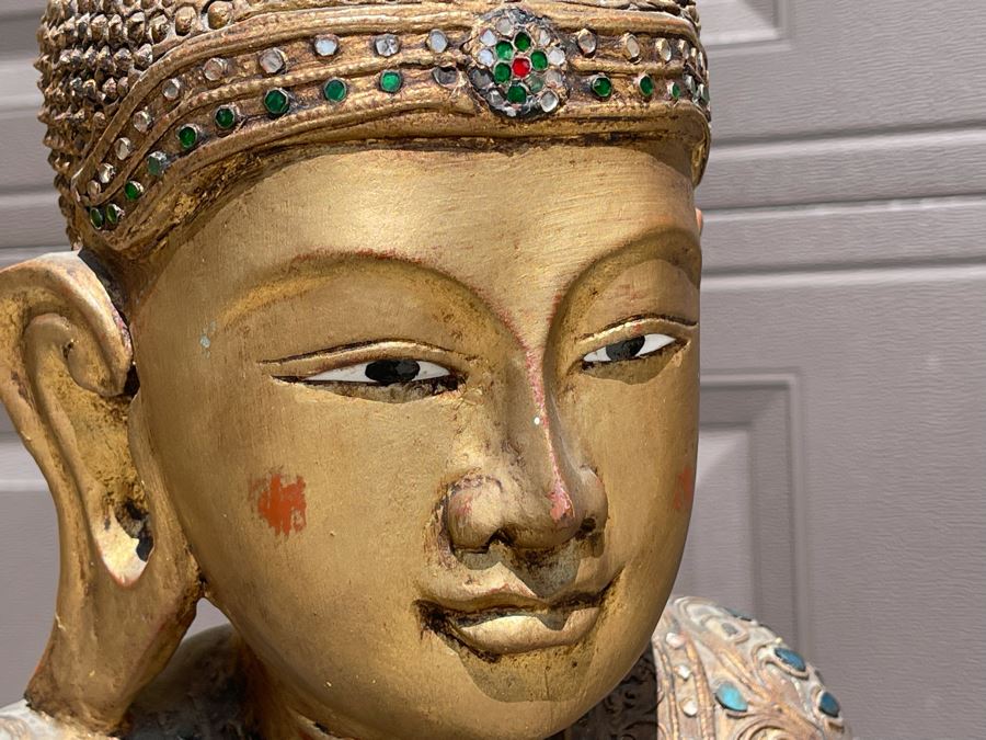 4' Tall Vintage Burmese Thai Gilt Wooden Standing Buddha With Jeweled Glass Mosaics 19W X 8D X 48H [Photo 26]