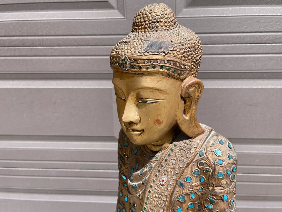 4' Tall Vintage Burmese Thai Gilt Wooden Standing Buddha With Jeweled Glass Mosaics 19W X 8D X 48H [Photo 18]
