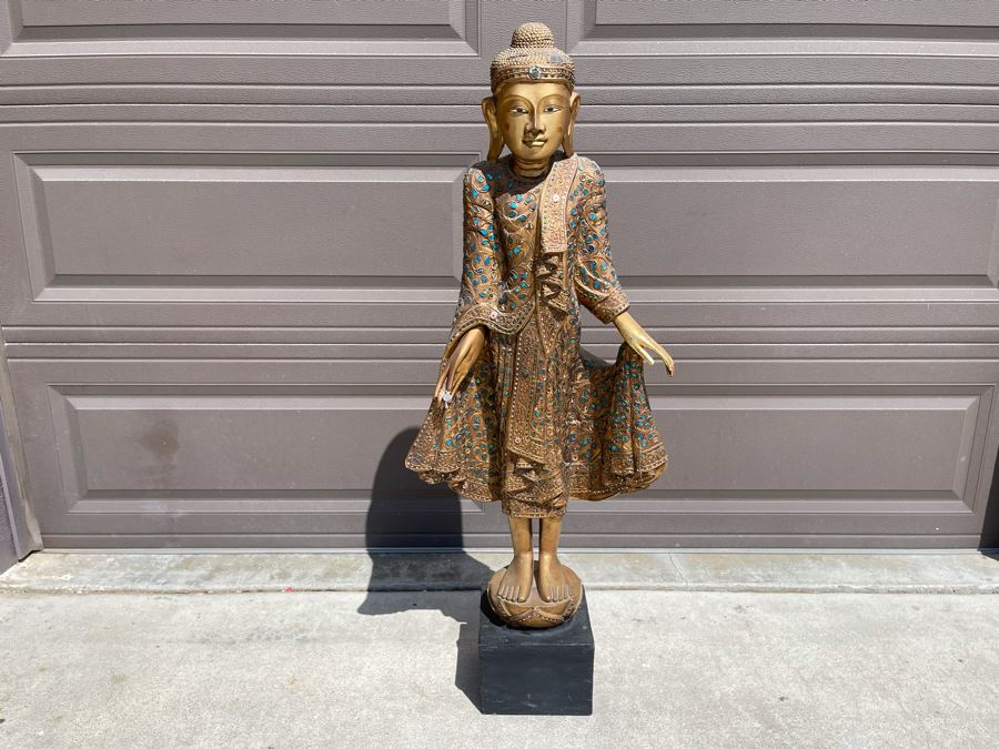 4' Tall Vintage Burmese Thai Gilt Wooden Standing Buddha With Jeweled Glass Mosaics 19W X 8D X 48H [Photo 3]