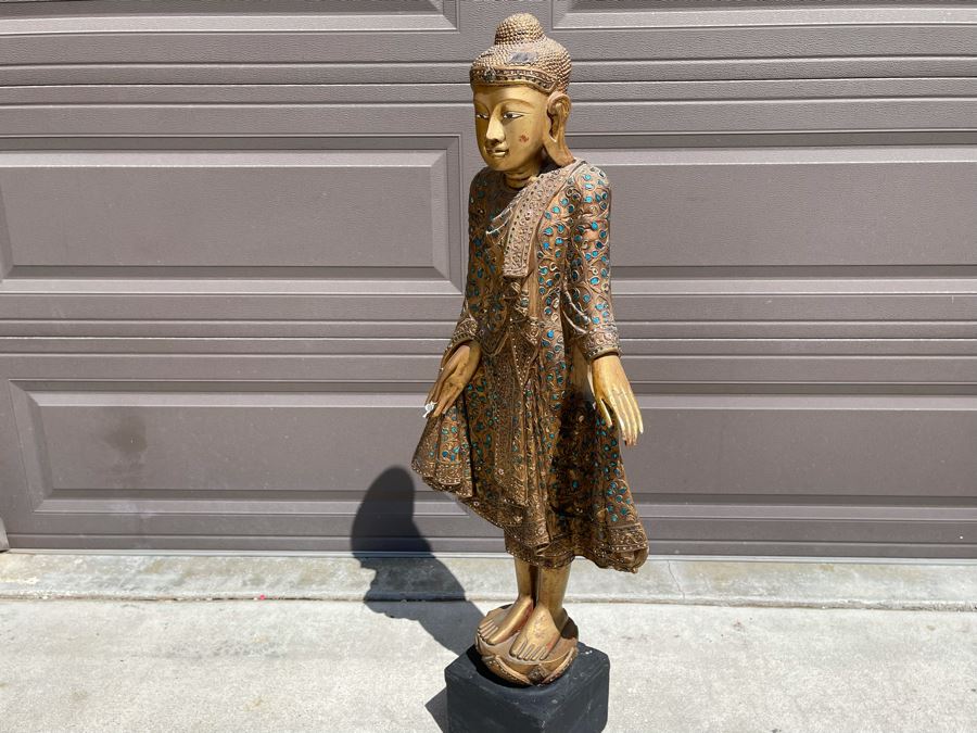 4' Tall Vintage Burmese Thai Gilt Wooden Standing Buddha With Jeweled Glass Mosaics 19W X 8D X 48H [Photo 17]
