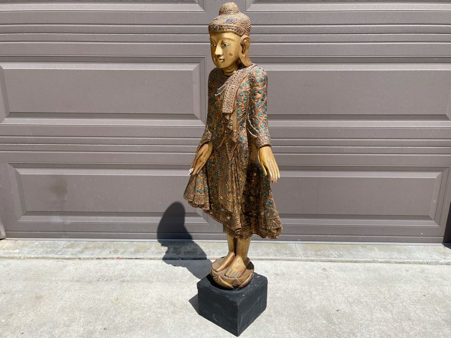 4' Tall Vintage Burmese Thai Gilt Wooden Standing Buddha With Jeweled Glass Mosaics 19W X 8D X 48H [Photo 16]