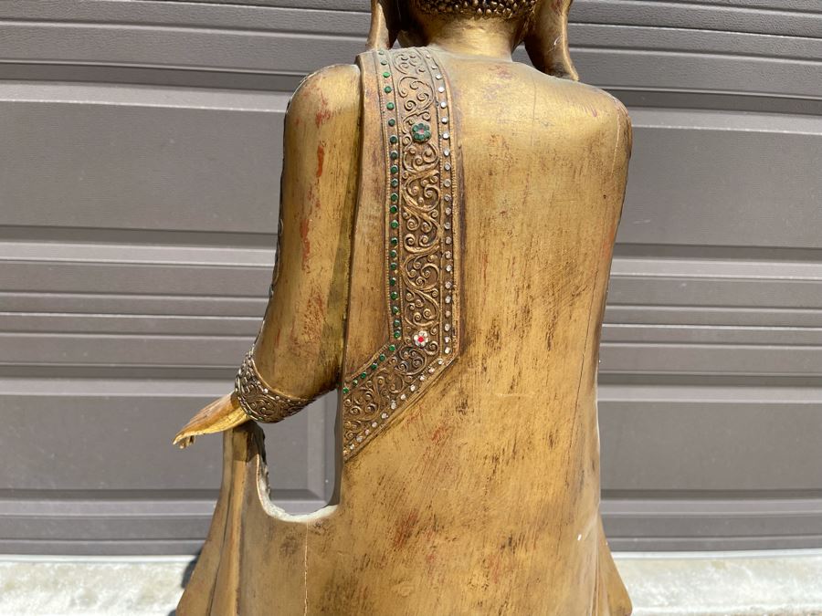 4' Tall Vintage Burmese Thai Gilt Wooden Standing Buddha With Jeweled Glass Mosaics 19W X 8D X 48H [Photo 21]