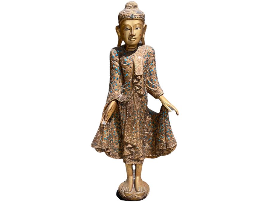 4' Tall Vintage Burmese Thai Gilt Wooden Standing Buddha With Jeweled Glass Mosaics 19W X 8D X 48H