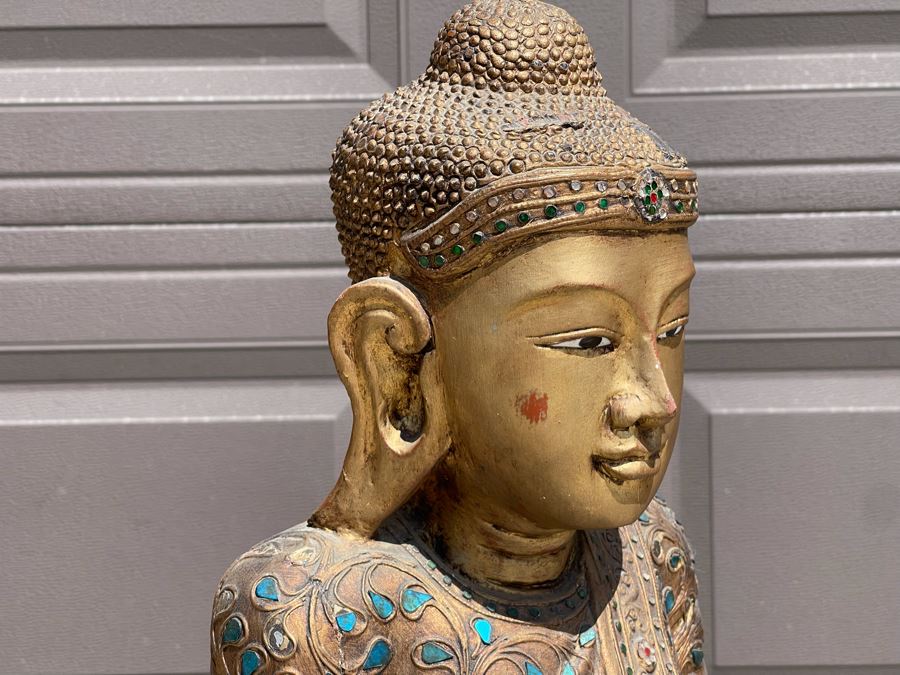 4' Tall Vintage Burmese Thai Gilt Wooden Standing Buddha With Jeweled Glass Mosaics 19W X 8D X 48H [Photo 25]