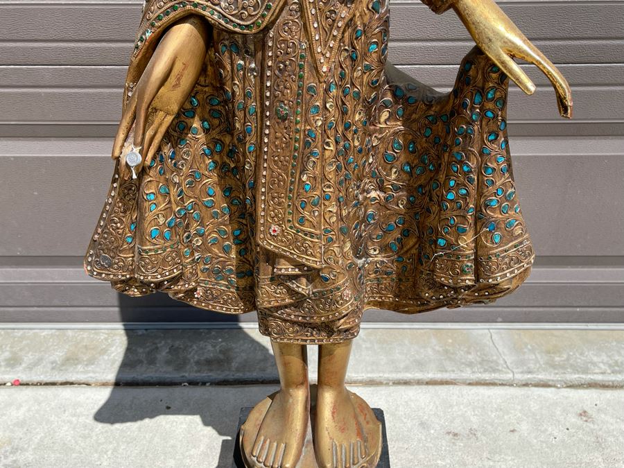 4' Tall Vintage Burmese Thai Gilt Wooden Standing Buddha With Jeweled Glass Mosaics 19W X 8D X 48H [Photo 10]