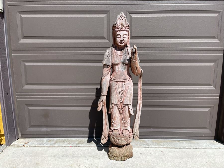 Vintage Chinese Carved Wooden Sculpture Of Guanyin Buddha 16W X 10D X 56H [Photo 4]