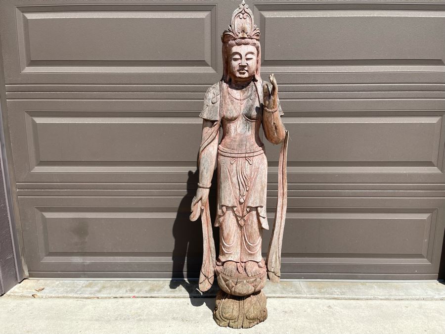 Vintage Chinese Carved Wooden Sculpture Of Guanyin Buddha 16W X 10D X 56H [Photo 2]