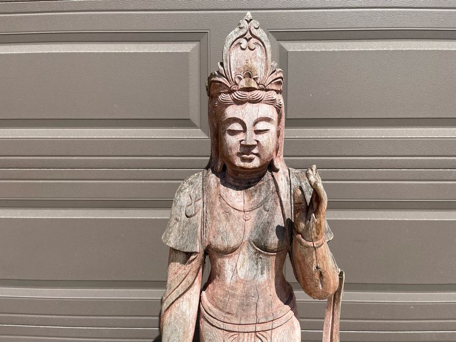 Vintage Chinese Carved Wooden Sculpture Of Guanyin Buddha 16W X 10D X 56H [Photo 5]