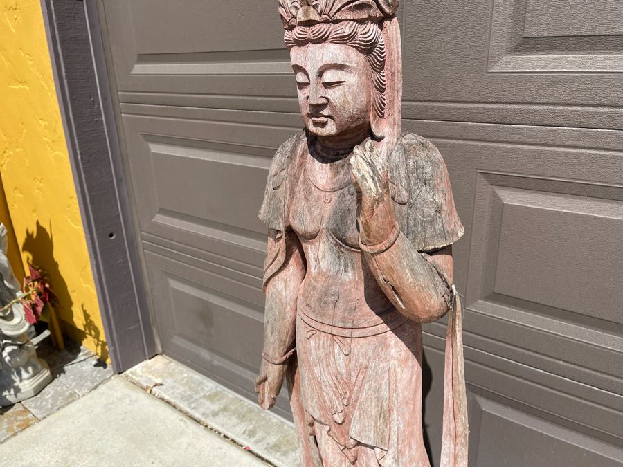 Vintage Chinese Carved Wooden Sculpture Of Guanyin Buddha 16W X 10D X 56H [Photo 7]