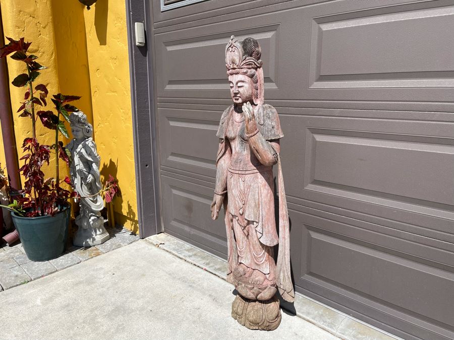 Vintage Chinese Carved Wooden Sculpture Of Guanyin Buddha 16W X 10D X 56H [Photo 8]