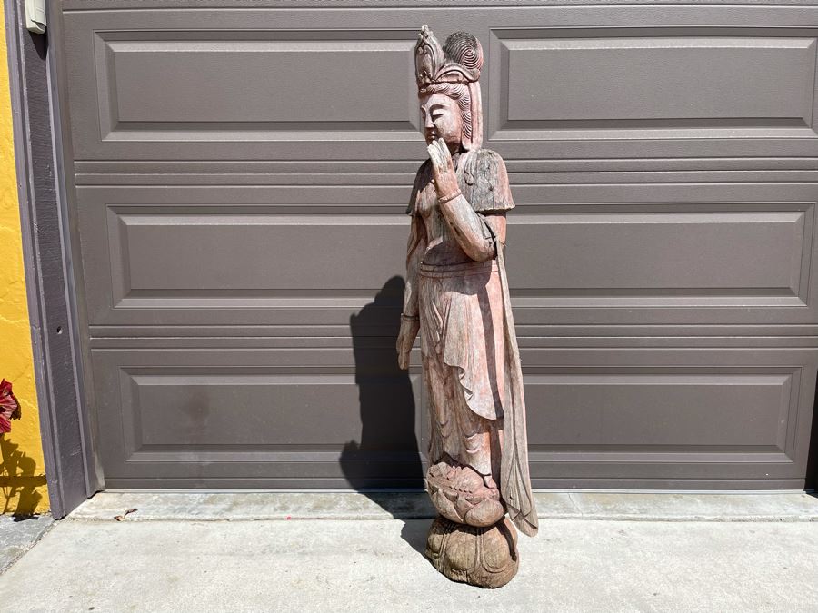 Vintage Chinese Carved Wooden Sculpture Of Guanyin Buddha 16W X 10D X 56H [Photo 10]