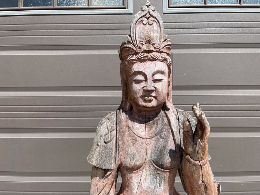 Vintage Chinese Carved Wooden Sculpture Of Guanyin Buddha 16W X 10D X 56H [Photo 15]