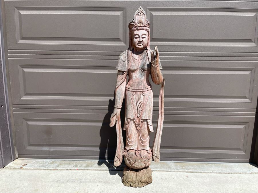 Vintage Chinese Carved Wooden Sculpture Of Guanyin Buddha 16W X 10D X 56H [Photo 3]