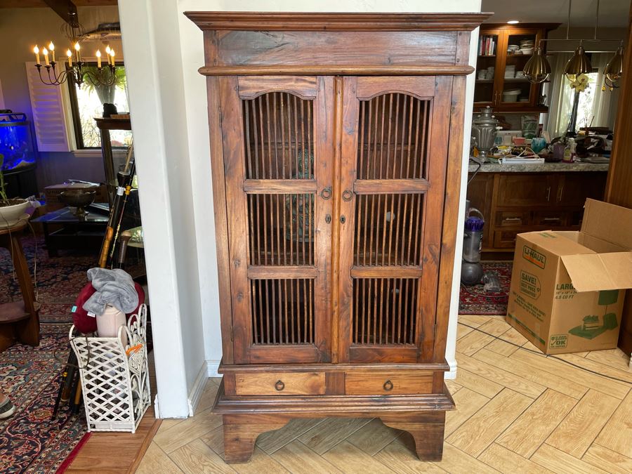 Indonesian Teak Spindle Front And Sides Cabinet With 2-Drawers 39W X 26D X 68.5H [Photo 3]