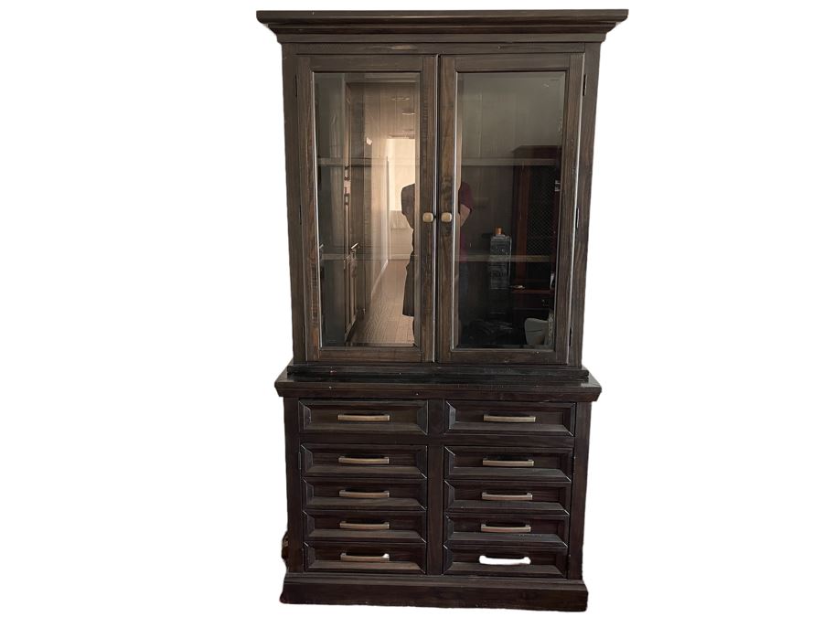 Black 10-Drawer Cabinet With Glass Front Shelving Hutch 44W X 19.5D X 81H [Photo 2]