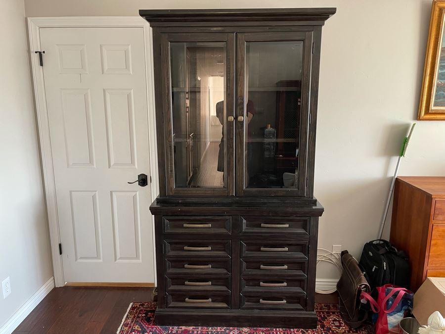 Black 10-Drawer Cabinet With Glass Front Shelving Hutch 44W X 19.5D X 81H [Photo 4]